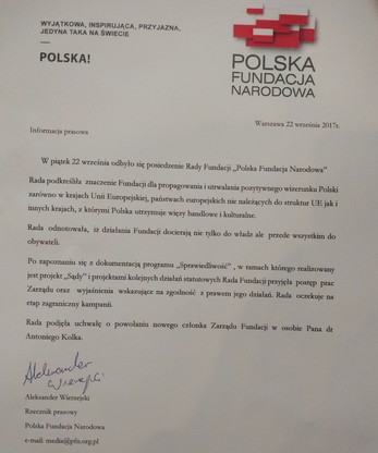 Pod oświadczeniem dla prasy podpisał się rzecznik prasowy PFN Aleksander Wierzejski.
