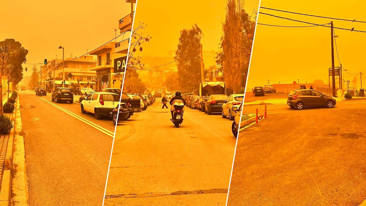 Trzy fragmenty zdjęć przedstawiające ulice miast w Grecji zdominowane przez pomarańczowy pył saharyjski.