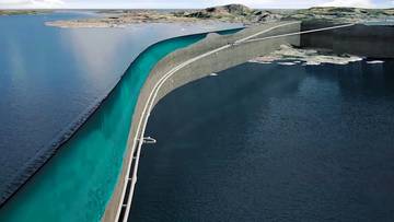 Wizualizacja podmorskiego tunelu Rogfast w Norwegii z widoczną częścią drogi nad wodą i podwodnymi sekcjami.