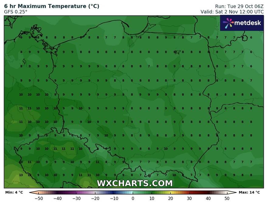 Pogoda na 2 listopada. Źródło: WXCharts