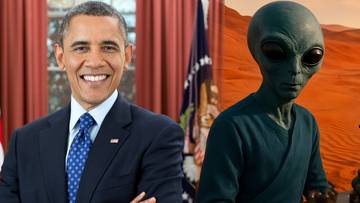 Zdjęcie przedstawiające Baracka Obamę i zielonego obcego.