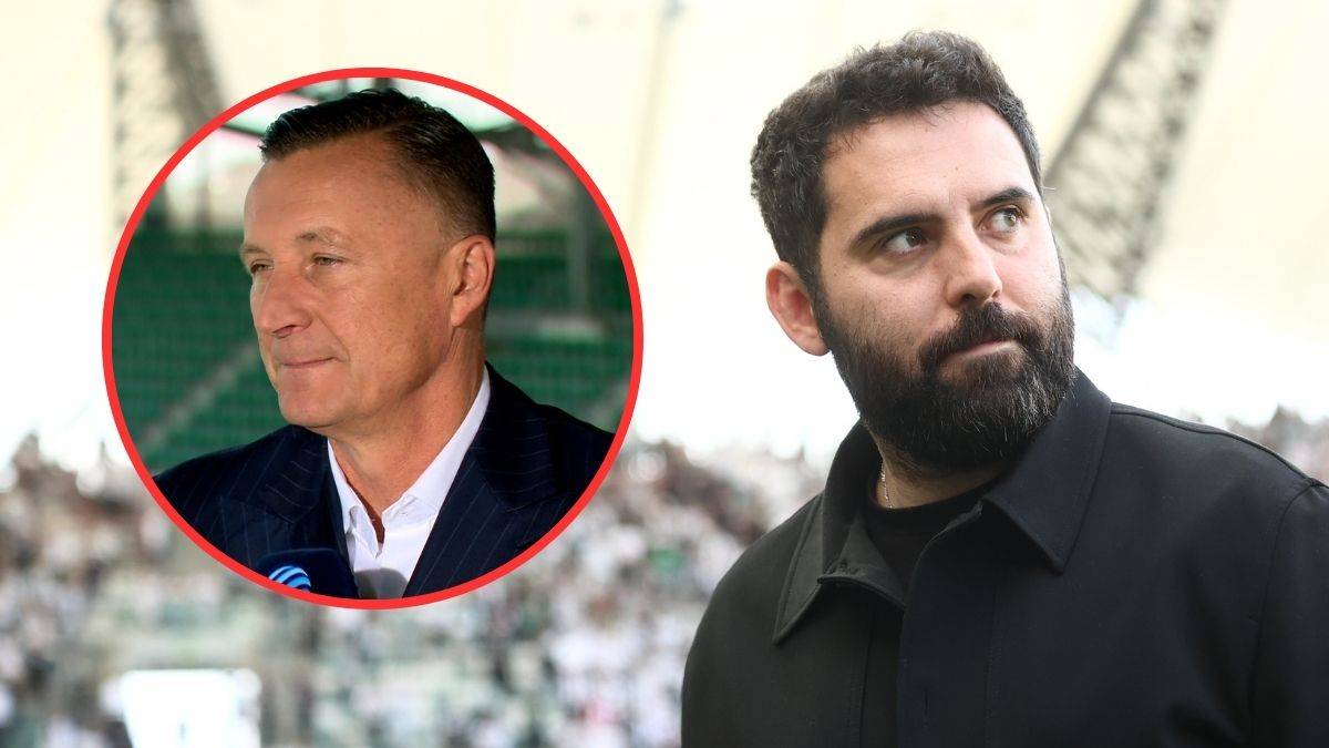 Zdjęcie przedstawia dwie osoby: Tomasza Hajto na pierwszym planie po lewej stronie w okrągłym kadrze oraz Goncalo Feio na drugim planie po prawej stronie. Obaj mężczyźni patrzą w różnych kierunkach, tło jest rozmazane i przedstawia trybuny stadionu.