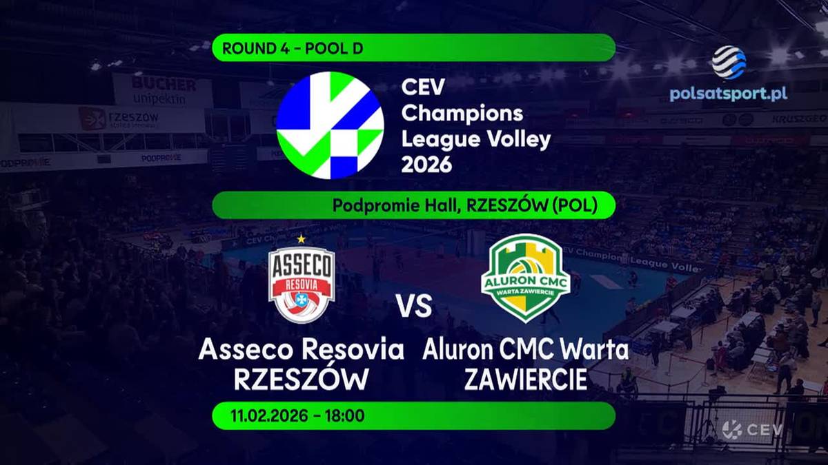 Grafika przedstawiająca mecz siatk&oacute;wki między Asseco Resovią Rzesz&oacute;w a Aluron CMC Wartą Zawiercie w ramach CEV Champions League Volleyball 2026. Widnieje logo rozgrywek, nazwy drużyn oraz informacja o dacie i miejscu meczu.
