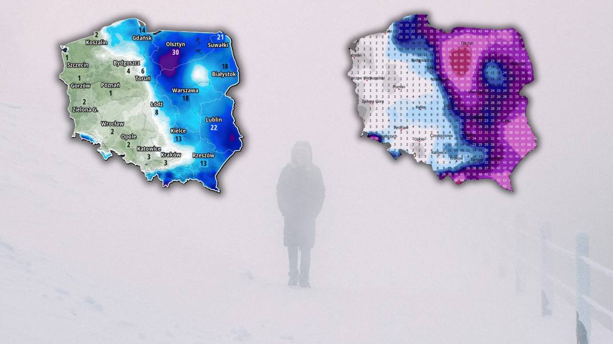 Dwie mapy Polski z oznaczeniem temperatur i opad&oacute;w, na tle zimowego krajobrazu.