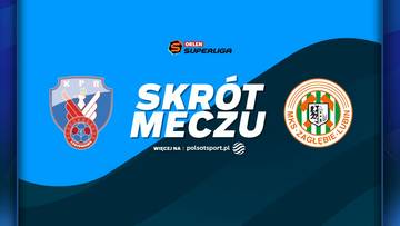 Grafika z napisem "SKR&Oacute;T MECZU" oraz herbami drużyn KPR Legionowo i Zagłębia Lubin, zapowiadająca podsumowanie meczu piłki ręcznej.
