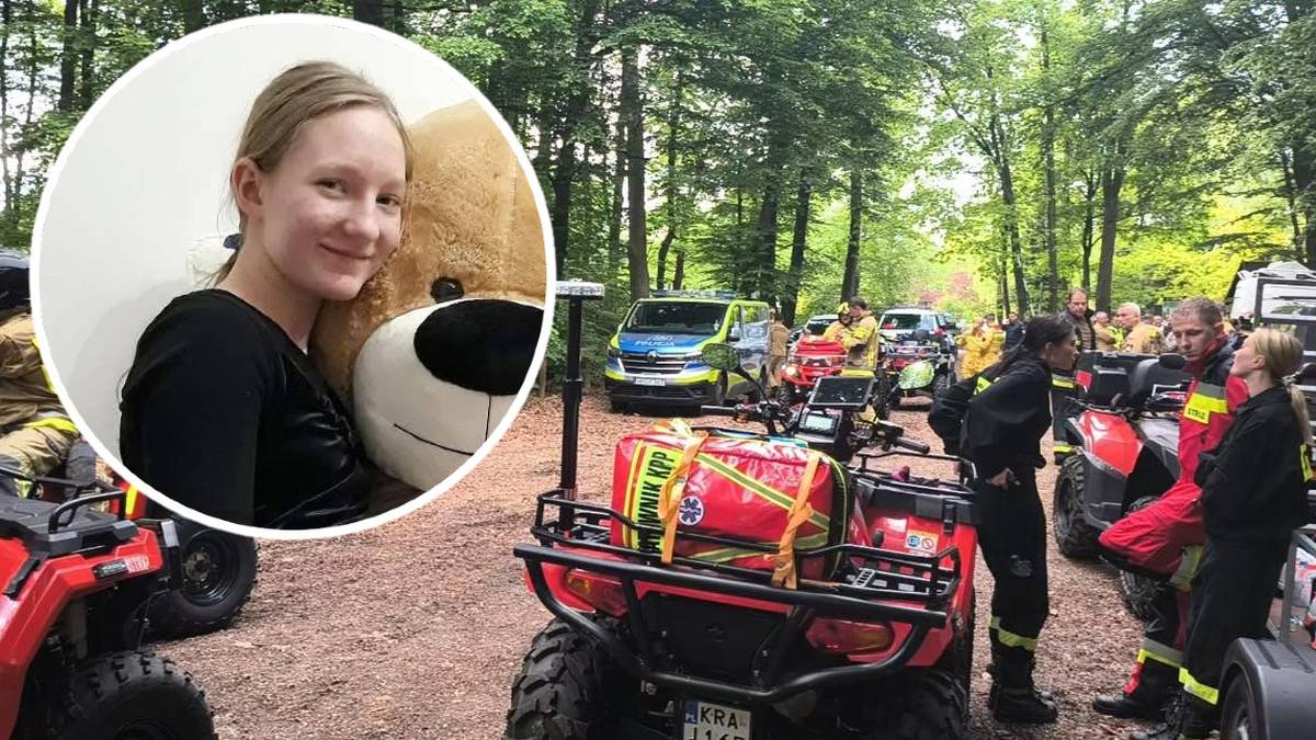 Zdjęcie przedstawia kolaż. Po lewej stronie znajduje się portret uśmiechniętej 12-letniej dziewczynki z blond włosami, trzymającej dużą pluszową zabawkę. Po prawej stronie widać grupę ratownik&oacute;w w mundurach, otaczających pojazdy terenowe w lesie.