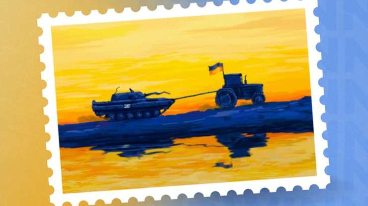 Wojna w Ukrainie. Nowy ukraiński znaczek pocztowy przedstawia ciągnik holujący czołg