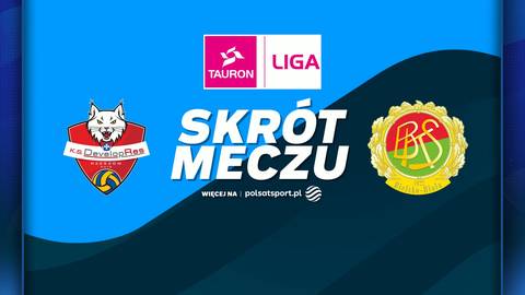 Logo Developres Rzesz&oacute;w, napisy "SKR&Oacute;T MECZU", logo Tauron Liga, logo BKS Bostik ZGO Bielsko-Biała, oraz napis "wsp&oacute;łpraca z polsatsport.pl"