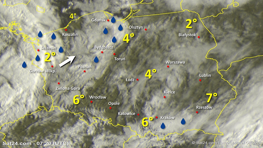 Zdjęcie satelitarne Polski w dniu 25 marca 2019 o godzinie 8:20. Dane: Sat24.com / Eumetsat.