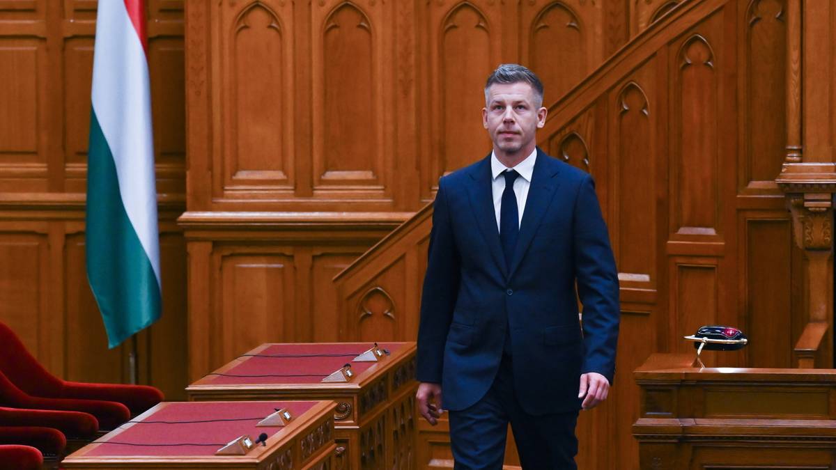 Mężczyzna w garniturze idzie w kierunku kamery, obok niego znajduje się fragment flagi Węgier.