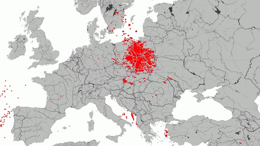 Mapka z lokalizacją wyładowań doziemnych i chmurowych w Europie w dniu 17 stycznia 2022 roku. Fot. Burze.dzis.net