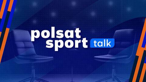 Logo programu Polsat Sport Talk na ciemnogranatowym tle, z dwoma fotelami studyjnymi skierowanymi ku sobie.