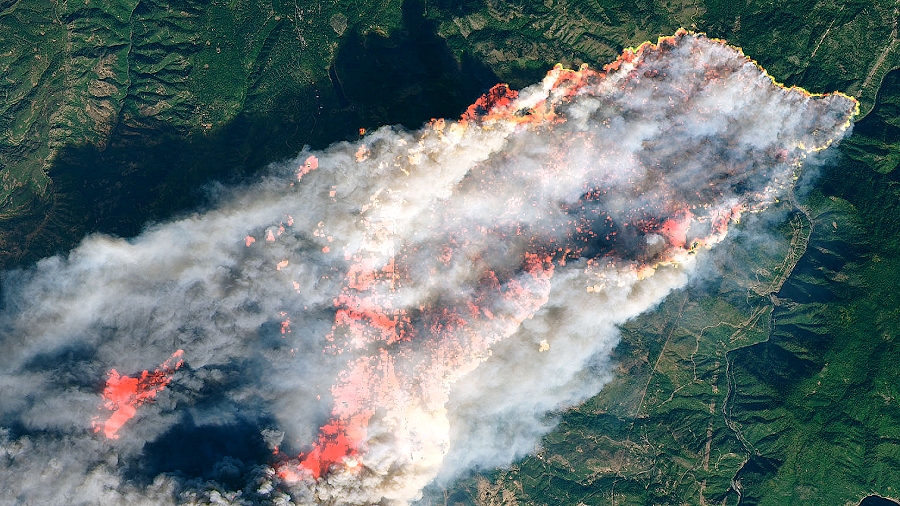 Zdjęcie satelitarne pożaru Camp Fire w Kalifornii. Fot. NASA / Landsat-8.