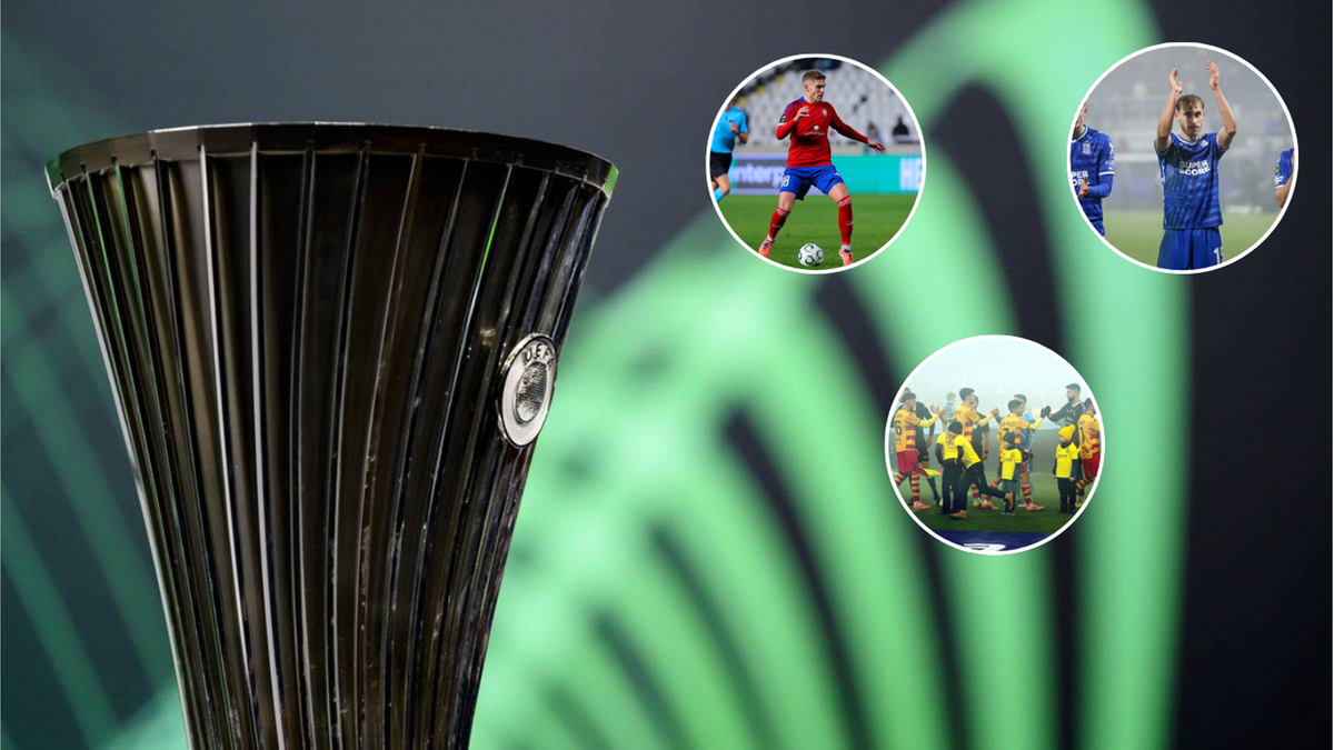 Trofeum Ligi Konferencji Europy oraz kolaż ze zdjęć piłkarzy Lecha Poznań, Jagielonii Białystok i Rakowa Częstochowa.