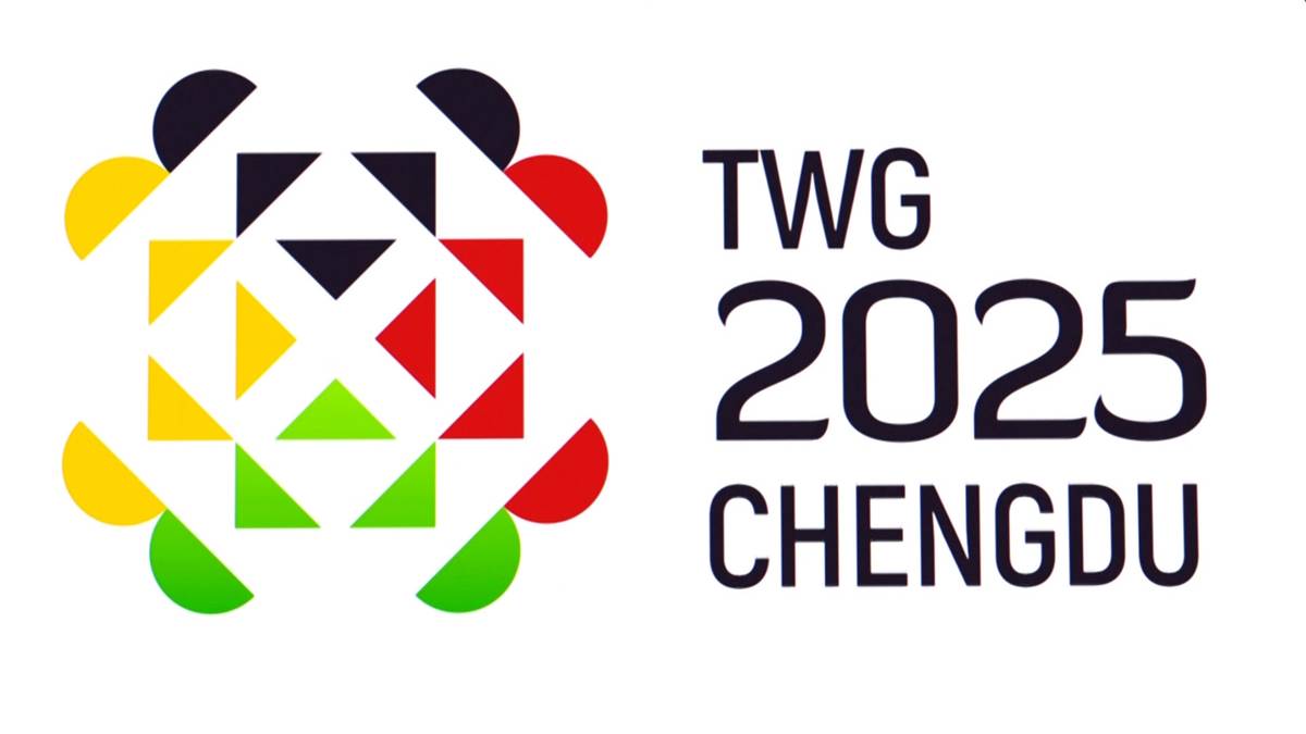 Logo The World Games 2025 Chengdu z elementami graficznymi w kształcie kwadratu i łuków w różnych kolorach, obok tekst "TWG 2025 CHENGDU".
