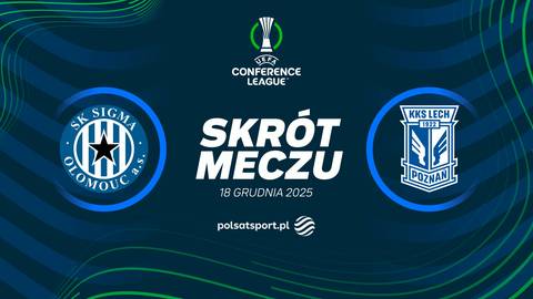 Logotypy klubów SK Sigma Ołomuniec i KKS Lech Poznań po obu stronach napisu "SKRÓT MECZU". Nad napisem znajduje się logo "Conference League". Poniżej widnieje data "18 GRUDNIA 2025" oraz "polsatsport.pl".