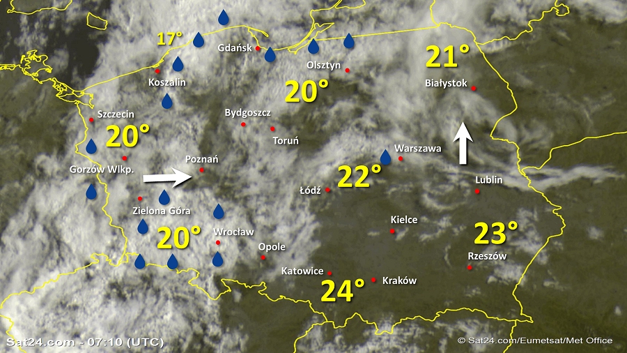 Zdjęcie satelitarne Polski w dniu 12 sierpnia 2019 o godzinie 9:10. Dane: Sat24.com / Eumetsat.