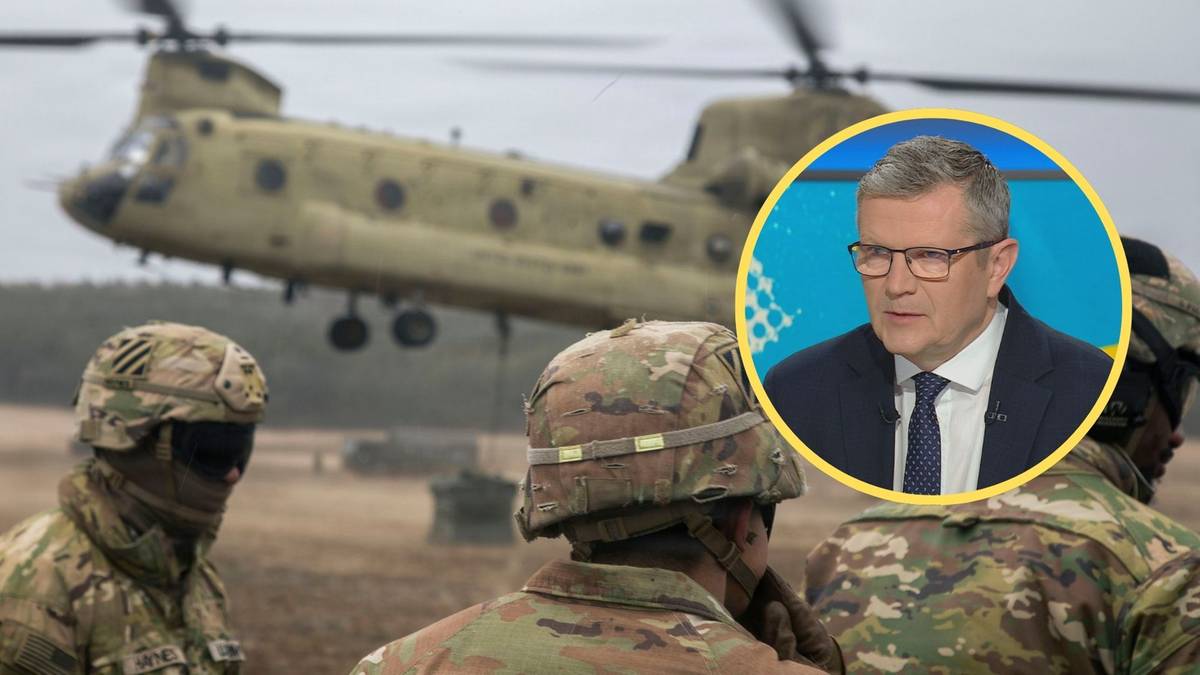 Żołnierze w hełmach na tle wojskowego śmigłowca, z portretem mężczyzny w okręgu.