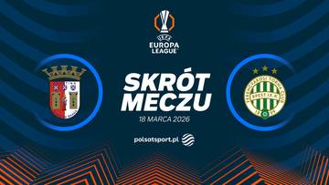 Logo Ligi Europy UEFA, napis "SKR&Oacute;T MECZU", data 18 marca 2026, logo Polsat Sport, herb klubu Sporting Braga i herb klubu Ferencvaros.