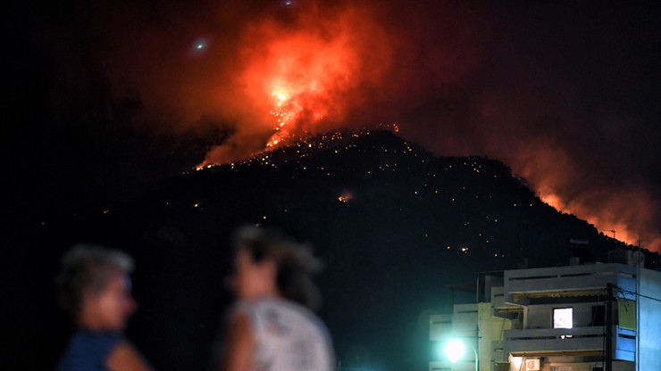 Grecja: pożar lasu w pobliżu nadmorskiego kurortu Lutraki, na zachód od Aten