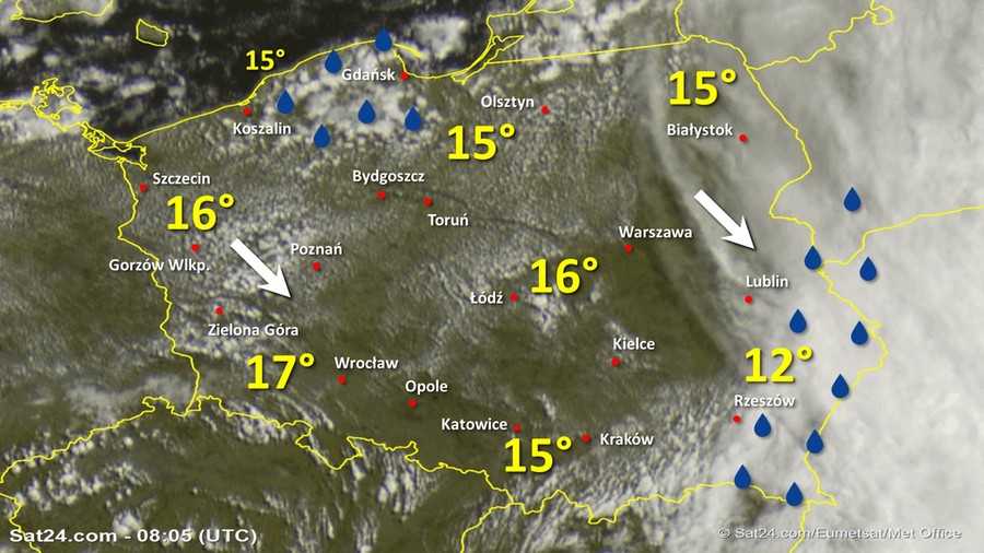 Zdjęcie satelitarne Polski w dniu 12 lipca 2020 o godzinie 10:05. Dane: Sat24.com / Eumetsat.