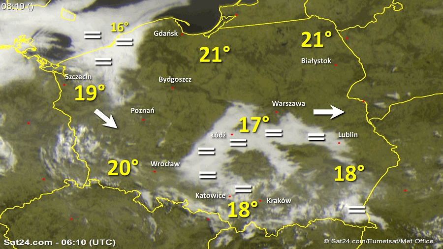 Zdjęcie satelitarne Polski w dniu 4 czerwca 2018 o godzinie 8:10. Dane: Sat24.com / Eumetsat.