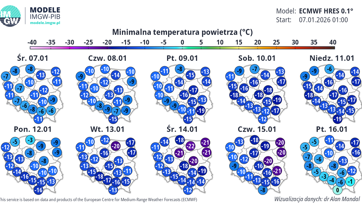 Kolejne noce będą mroźne, lokalnie nie można wykluczyć na termometrach wartości na poziomie około -20 stopni