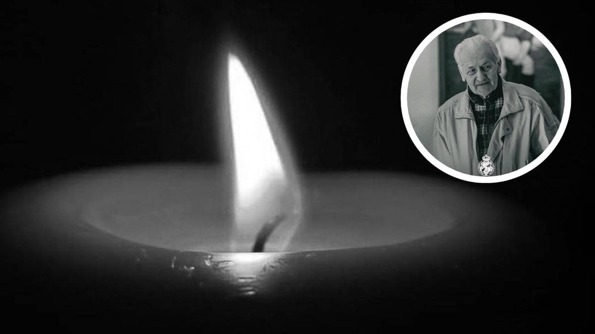 Wizerunek palącej się świecy w ciemności oraz zdjęcie portretowe starszego mężczyzny w okręgu.