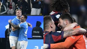 Dw&oacute;ch piłkarzy Napoli w niebieskich strojach świętuje gola, dw&oacute;ch piłkarzy Bolonii w czerwono-granatowych strojach świętuje gola.