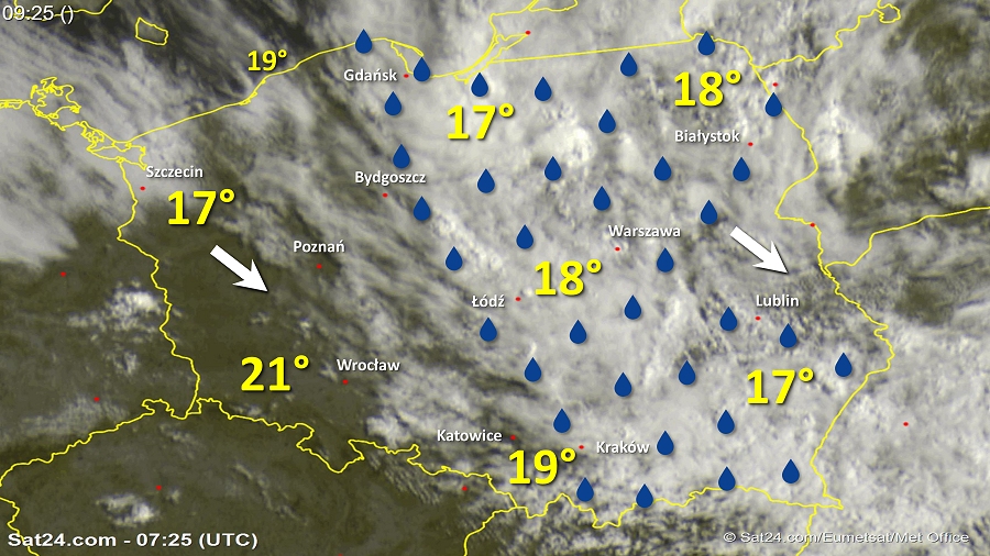 Zdjęcie satelitarne Polski w dniu 14 lipca 2018 o godzinie 9:25. Dane: Sat24.com / Eumetsat.