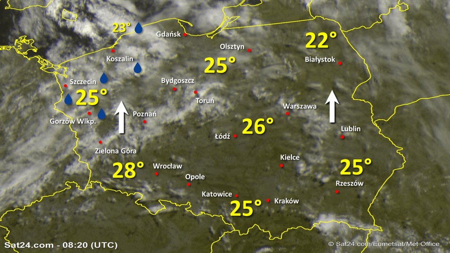Zdjęcie satelitarne Polski w dniu 28 lipca 2020 o godzinie 10:25. Dane: Sat24.com / Eumetsat.