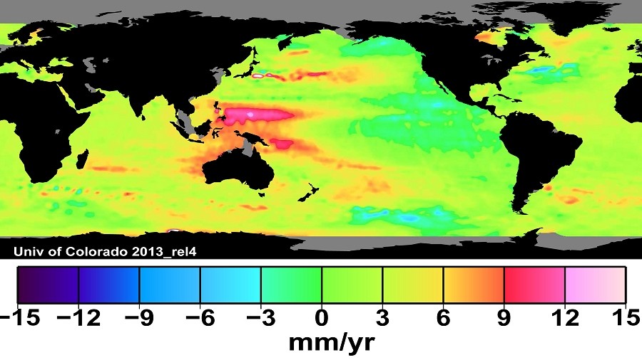 Średnia roczna anomalia poziomu mórz. Fot. NASA / Jason-2 i 3.