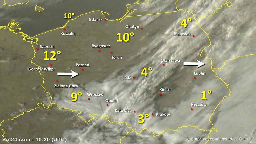 Zdjęcie satelitarne Polski w dniu 24 lutego 2019 o godzinie 16:20. Dane: Sat24.com / Eumetsat.