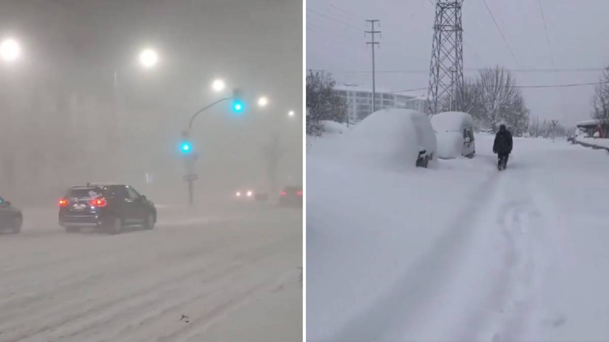 Obrazek przedstawia dwa zdjęcia. Lewe zdjęcie ukazuje drogę podczas zamieci śnieżnej z widocznymi samochodami i światłami ulicznymi. Prawe zdjęcie pokazuje zasypaną śniegiem ulicę z zaparkowanymi samochodami i przechodzącą osobą.