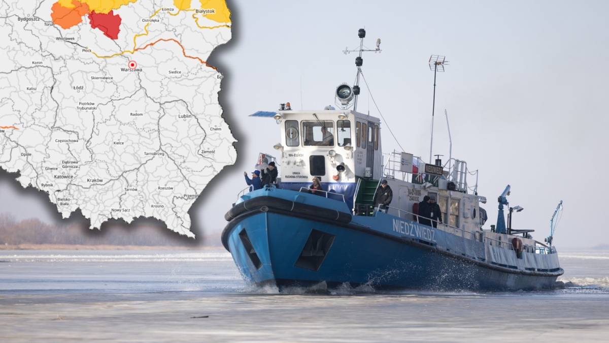 Mapa Polski z zaznaczonymi obszarami zagrożeń hydrologicznych i statkiem na wodzie.