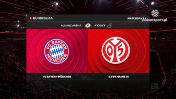 Por&oacute;wnanie herb&oacute;w klub&oacute;w Bayern Monachium i FSV Mainz na czerwonym tle, z informacją o Bundeslidze i temperaturze.