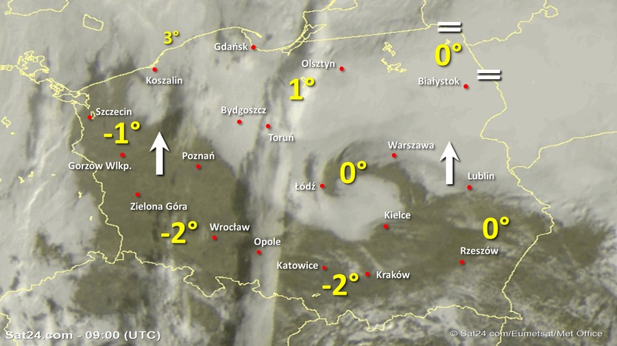 Zdjęcie satelitarne Polski w dniu 7 stycznia 2020 o godzinie 10:00. Dane: Sat24.com / Eumetsat.