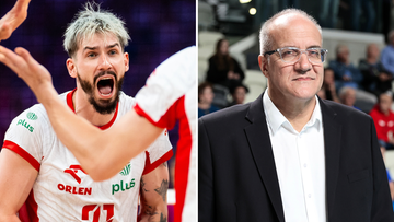 Kolaż dw&oacute;ch zdjęć: po lewej siatkarz w akcji, po prawej trener w garniturze.