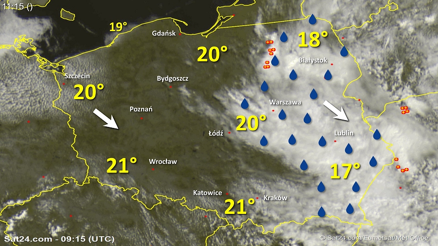 Zdjęcie satelitarne Polski w dniu 15 lipca 2018 o godzinie 11:20. Dane: Sat24.com / Eumetsat.