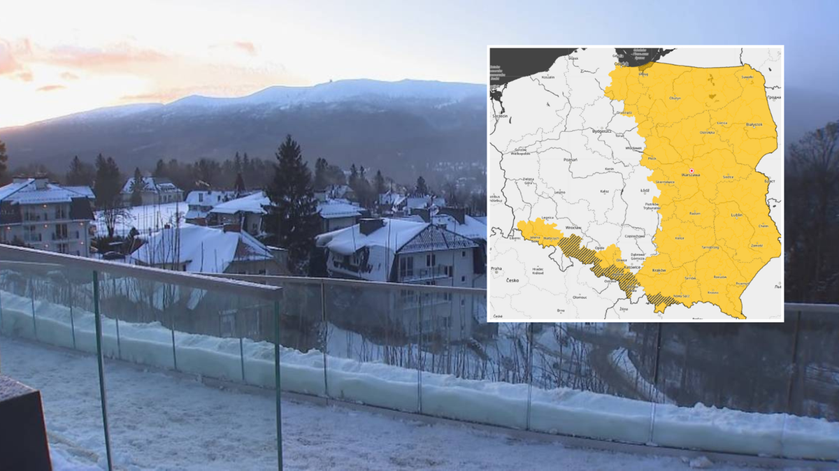 Mapa Polski z zaznaczonymi obszarami ostrzeżeń IMGW oraz zimowy krajobraz g&oacute;rskiej miejscowości.