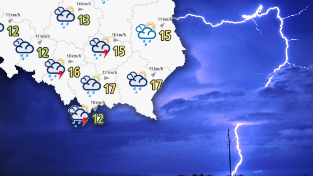 Mapa Polski z zaznaczonymi temperaturami i symbolami opad&oacute;w deszczu i burz, na tle nocnego nieba z wyładowaniami atmosferycznymi.