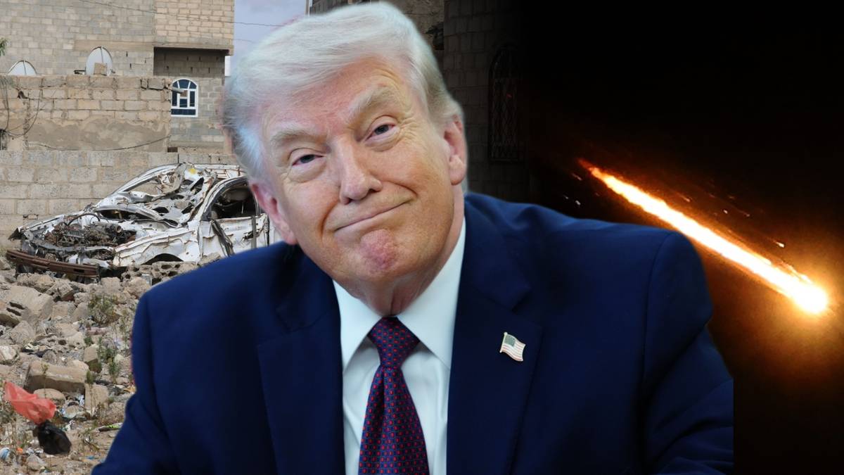 Donald Trump w garniturze, z tyłu kolaż przedstawiający zniszczony samoch&oacute;d na tle gruz&oacute;w i ognisty ślad na nocnym niebie.