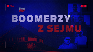 Grafika z napisem "BOOMERZY Z SEJMU" na tle budynku Sejmu RP, z fragmentami nagrań wideo po prawej stronie.