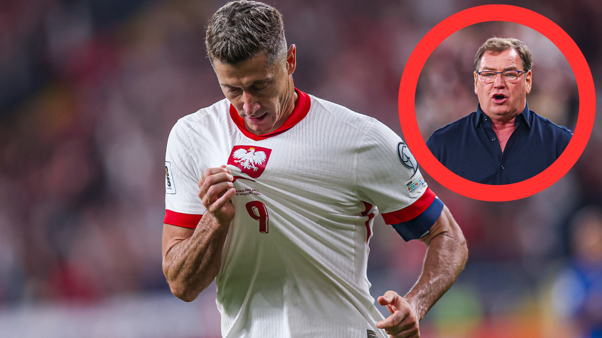 Piłkarz Robert Lewandowski w koszulce reprezentacji Polski i zdjęcie trenera Stefana Urbana w czerwonym okręgu.