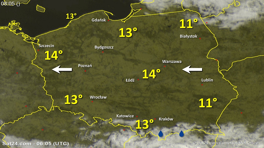 Zdjęcie satelitarne Polski w dniu 7 czerwca 2018 o godzinie 8:05. Dane: Sat24.com / Eumetsat.