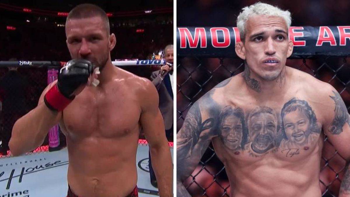 Dwóch zawodników MMA: Mateusz Gamrot po lewej stronie, z rękawicą na dłoni, w narożniku oktagonu. Charles Oliveira po prawej, z tatuażami na klatce piersiowej.