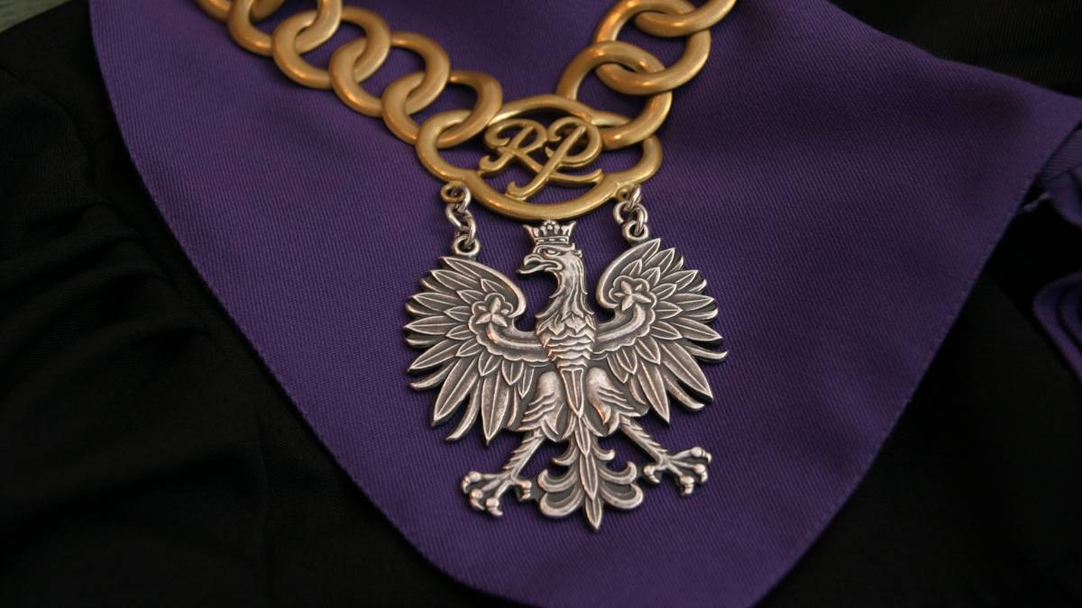 Fragment szaty prawniczej z łańcuchem i medalionem z orłem