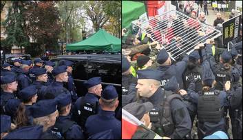 Zdjęcie podzielone na dwie części przedstawiające polską policję zabezpieczającą zgromadzenie publiczne oraz starcie z tłumem pr&oacute;bującym sforsować metalowe barierki.
