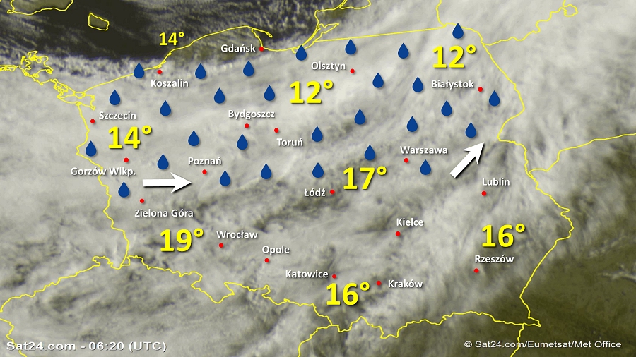 Zdjęcie satelitarne Polski w dniu 5 lipca 2019 o godzinie 8:20. Dane: Sat24.com / Eumetsat.