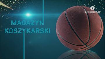 Piłka do koszykówki na ciemnym tle z napisem "MAGAZYN KOSZYKARSKI" i logo Polsat Sport.